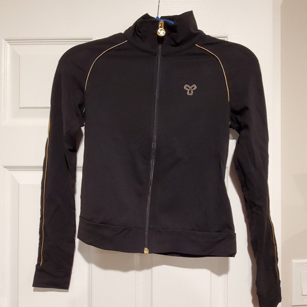 Black tna zip up sweater with gold trim
